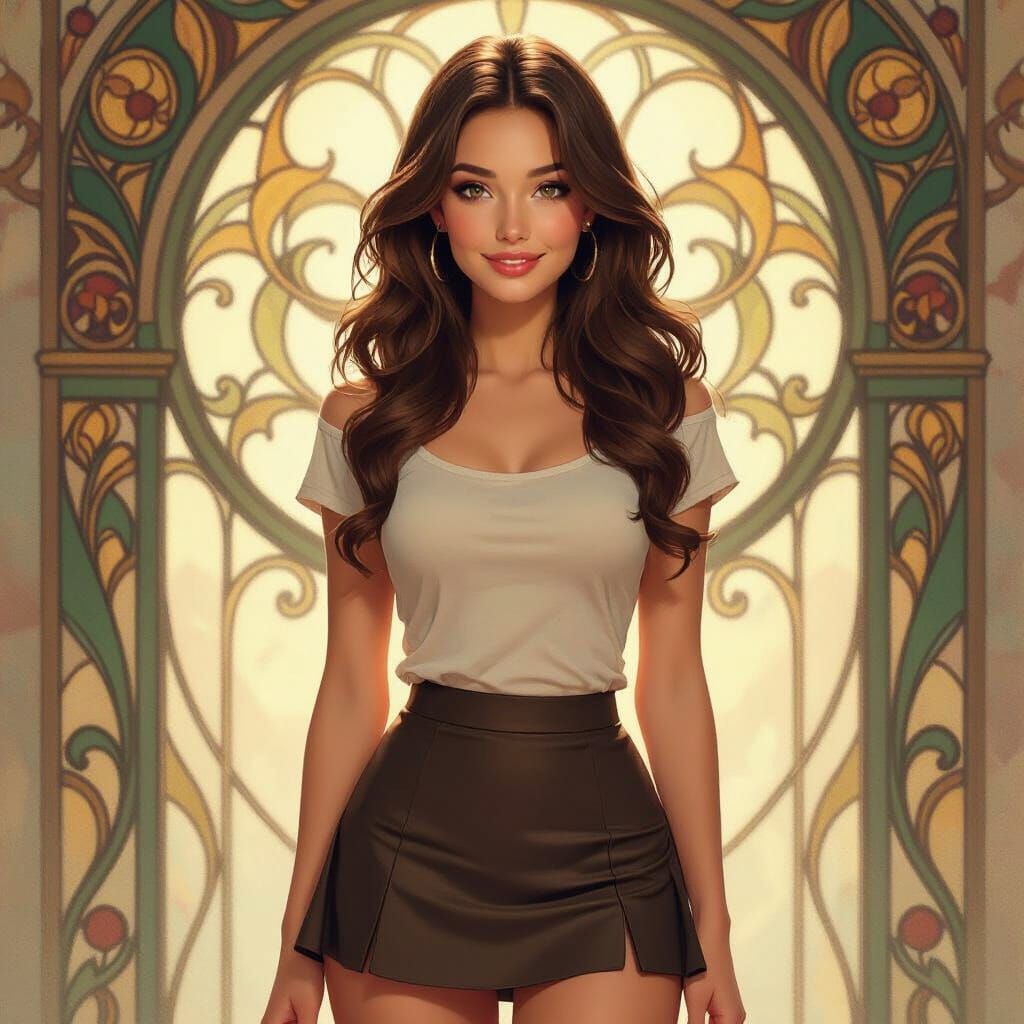 Elegant Woman with Playful Smile in Art Nouveau Style