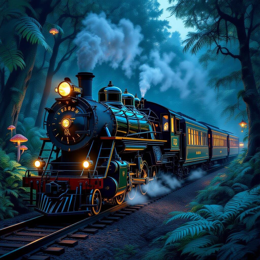 Ancient Mahogany Train in Bioluminescent Forest