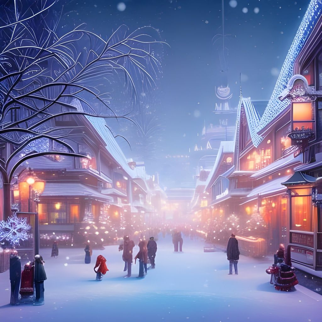 Enchanted Snowy City with Christmas Tree, Art Nouveau Style