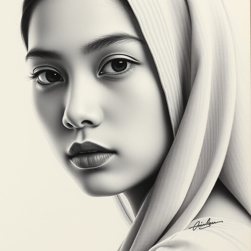 Southeast Asian Woman in Intimate Pencil and Charcoal Portra...