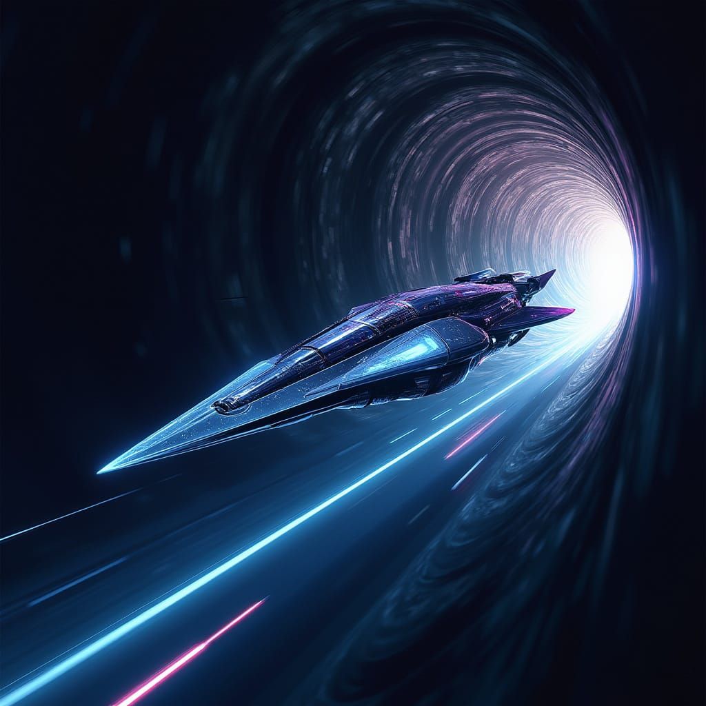 Futuristic Spaceship Emerges from Time Tunnel
