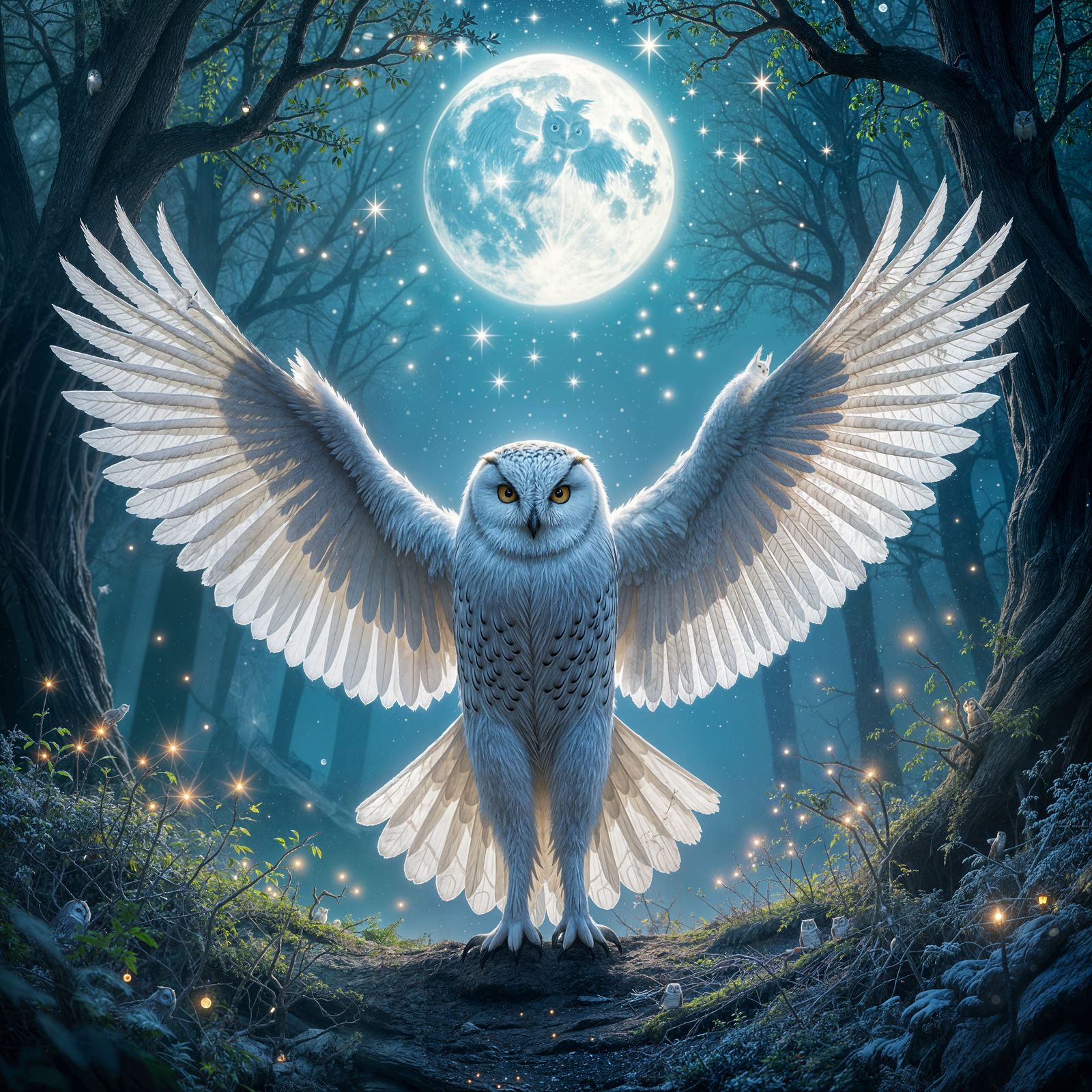 Giant Snow White Owl in Enchanted Moonlit Forest