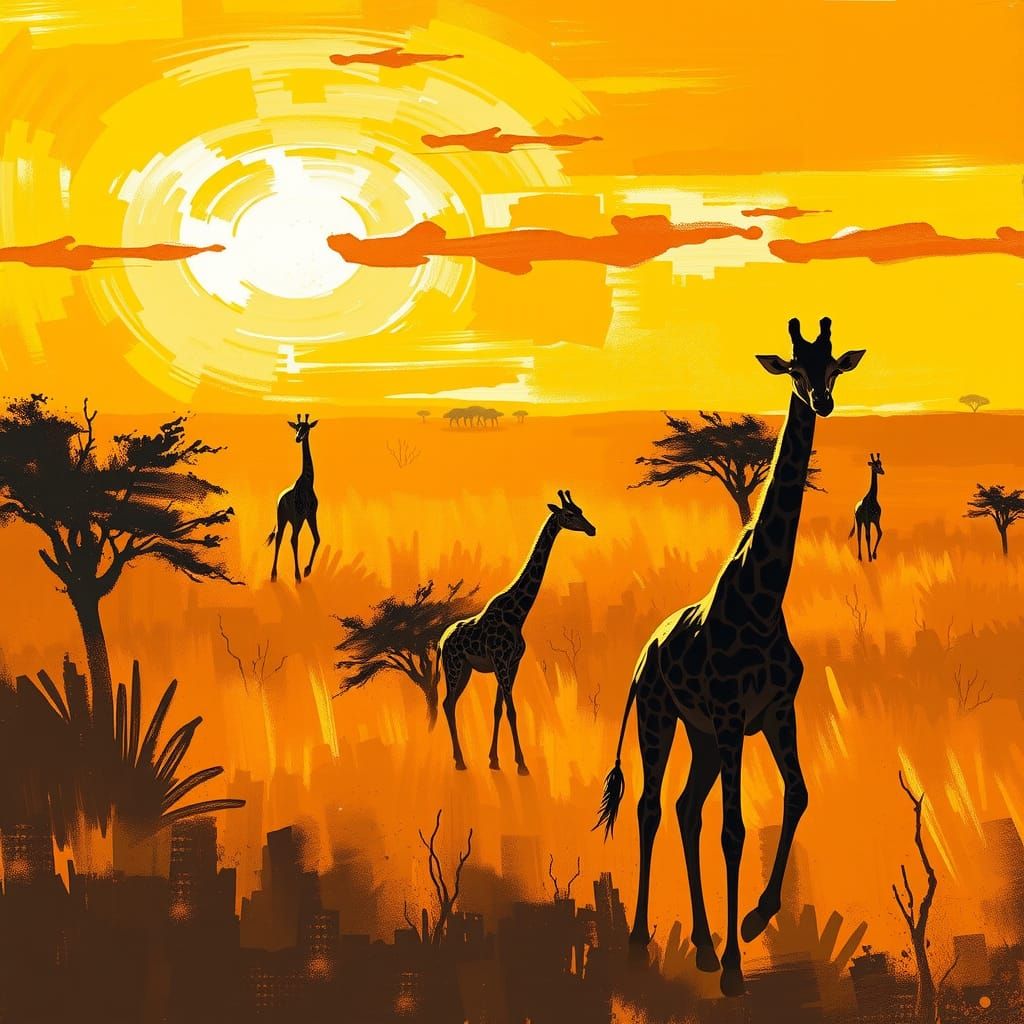 Giraffes in Savannah at Sunset: Impressionist Painting