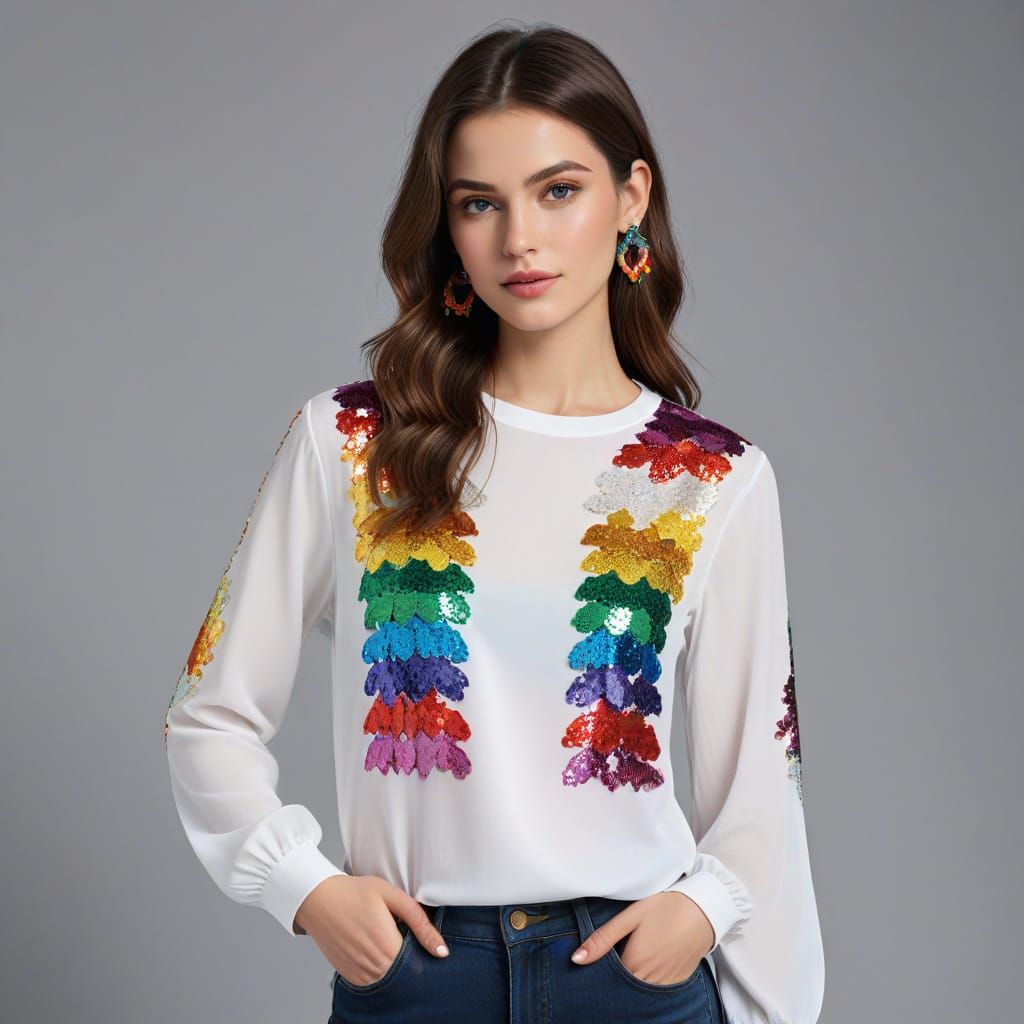Vibrant Sequin Blouse with Rainbow Patterns