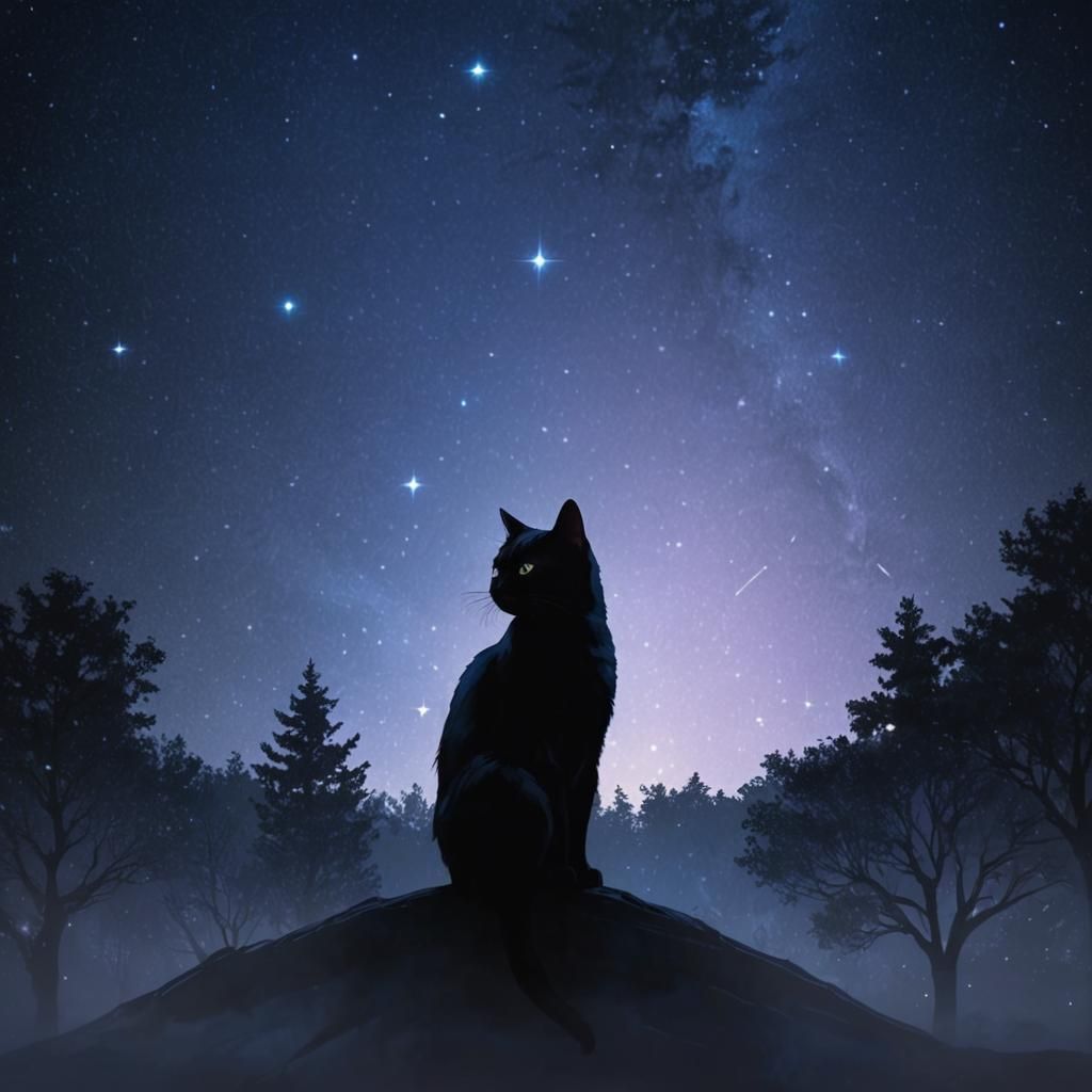 Black Cat Silhouette in Starry Azure Sky