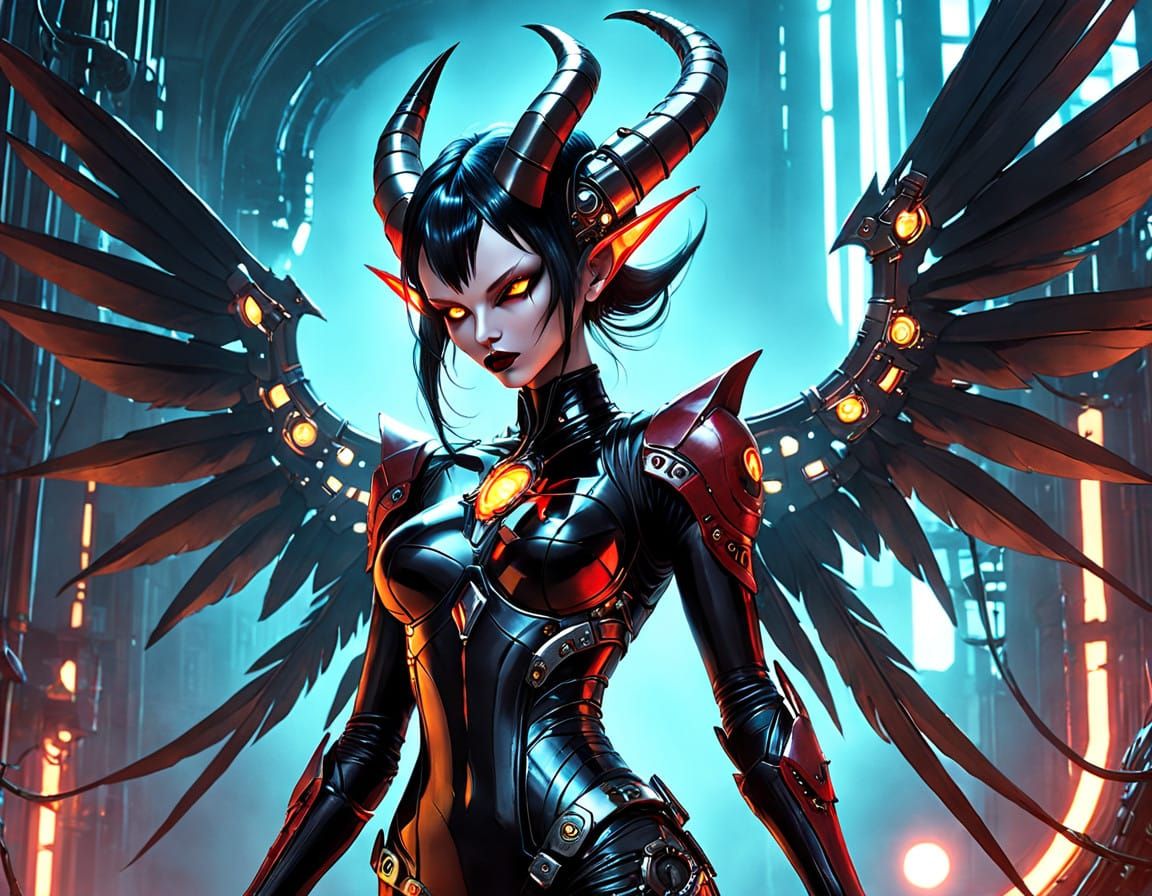 Cybernetic Demoness in Gritty Industrial Horror Aesthetic