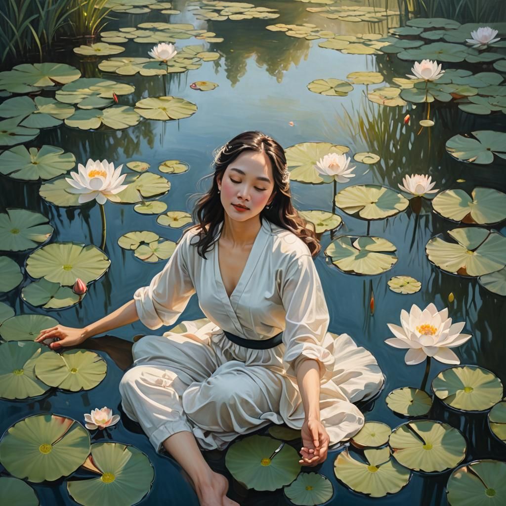 Woman in Lotus Pond, Oil Painting