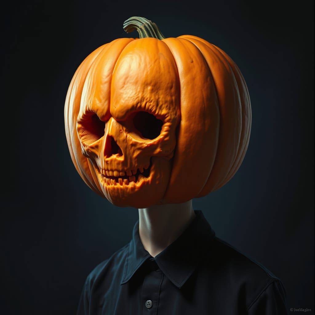 Surreal Pumpkin Head Figure in Dark Pop Art Style