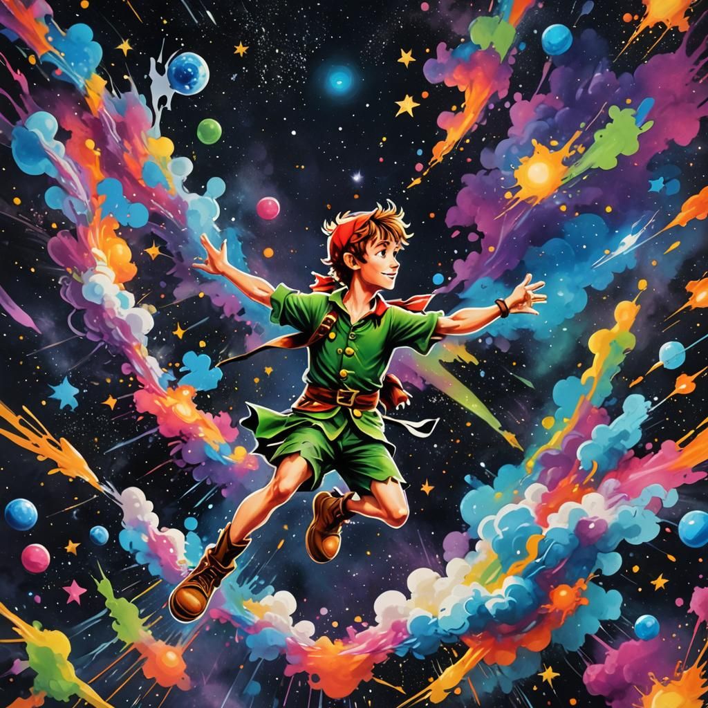 Peter Pan Soaring Through Stars in Graffiti Art