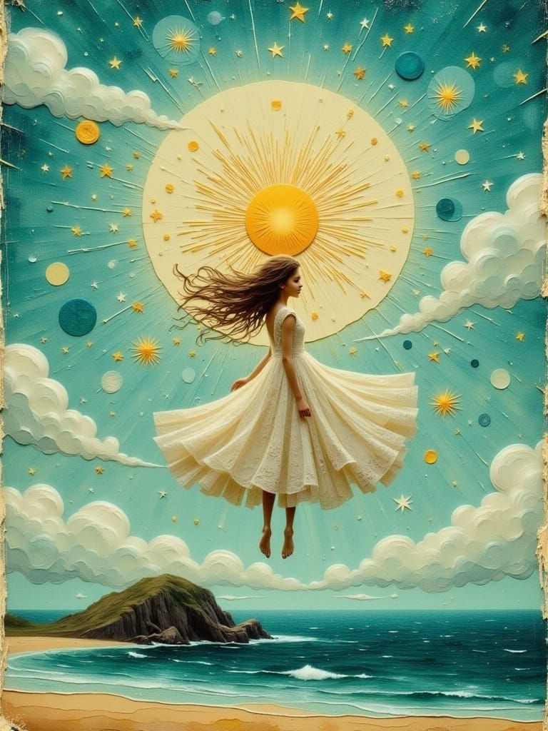 Whimsical Dreamlike Scene of a Young Girl Floating through a...