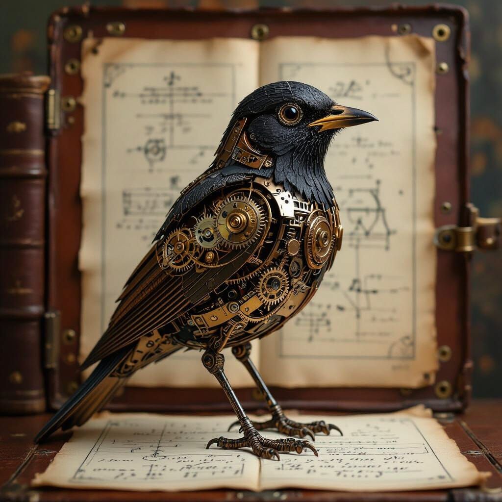 Steampunk Mechanical Bird with Vintage Manuals