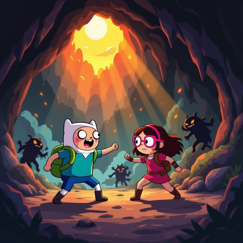 Finn Fights Monsters in a Cave at Sunset