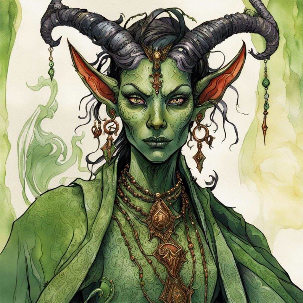 Tiefling Priestess Portrait in Ornate Fantasy Style