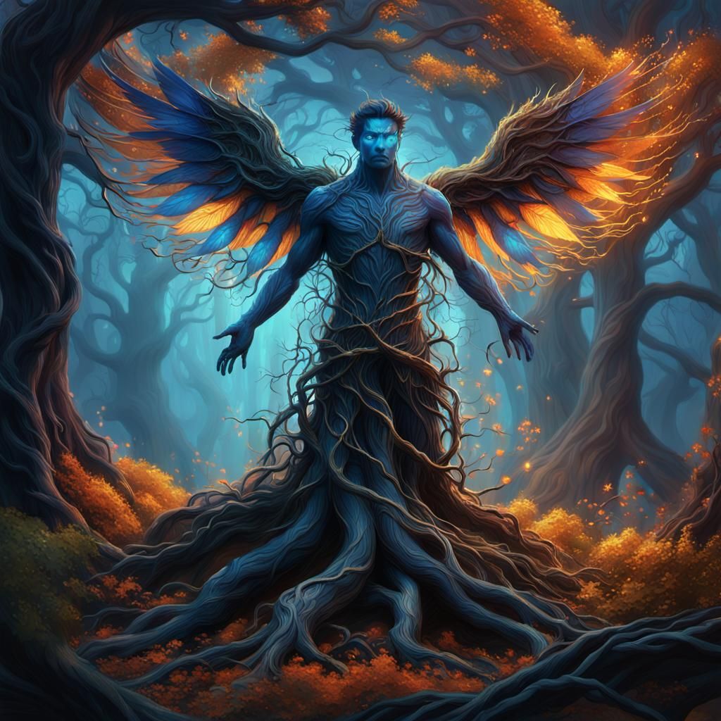 Air Elemental Tending Mystical Tree in Digital Painting