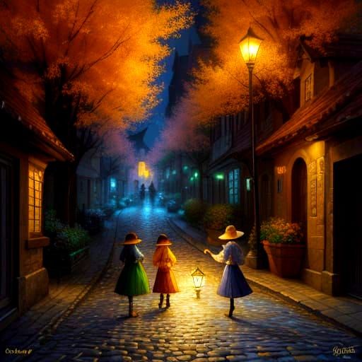 Whimsical Autumn Village Scene in Vibrant Hues