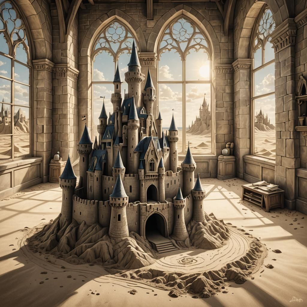 Surreal Sandcastle on Carpet: Charcoal Art