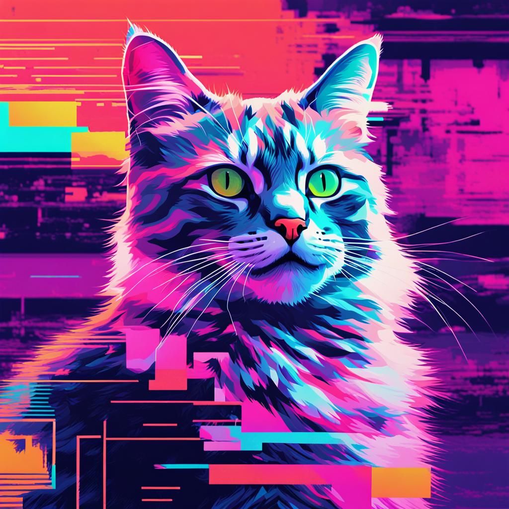 Glitch Art Cat in Vibrant Neon Colors