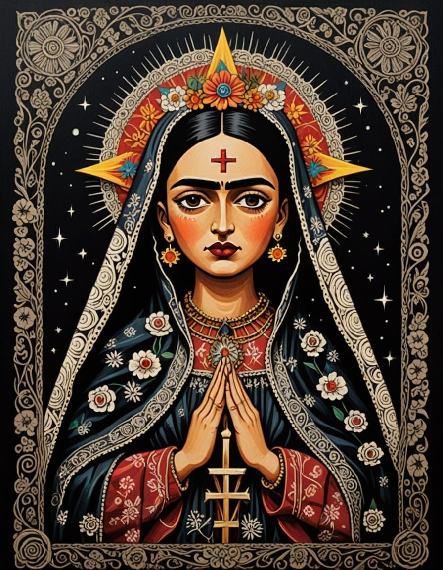 Primitive Virgin Mary Icon in Scratchboard Style
