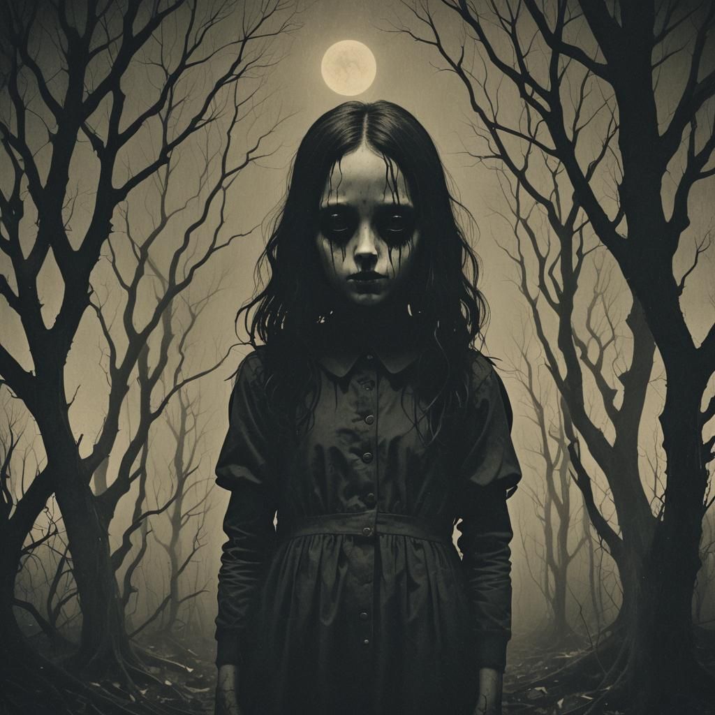 Surreal Macabre Girl in Dreamlike Horror Ambiance