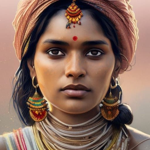 Detailed Portrait of an Indian Woman with Plume