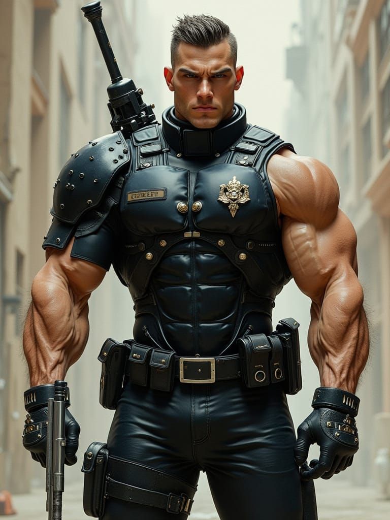 Tactical Bodybuilder Agent in Cyberpunk Noir Style