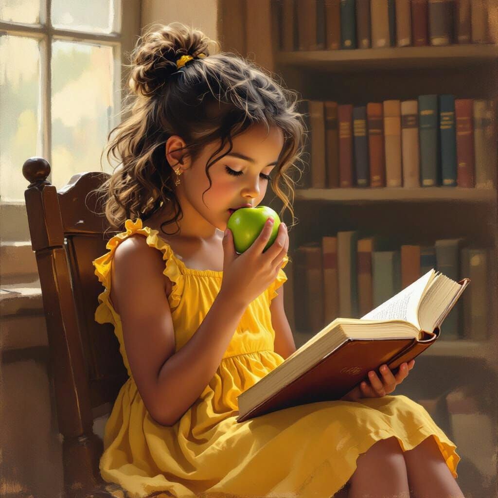 Girl Reads Bible and Eats Apple in Rustic Library