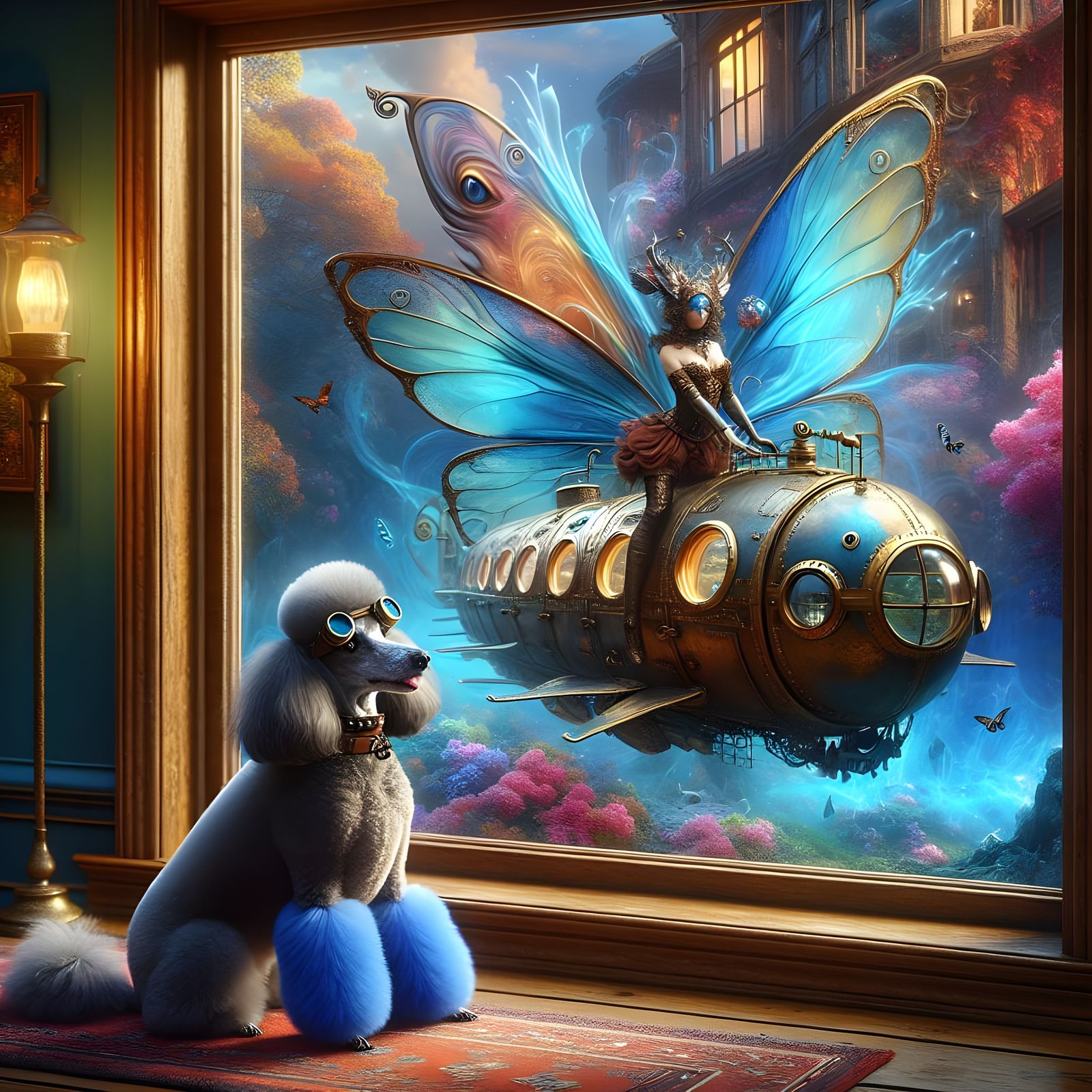 Poodle Observes Steampunk World with Cobalt Fairy Pilot