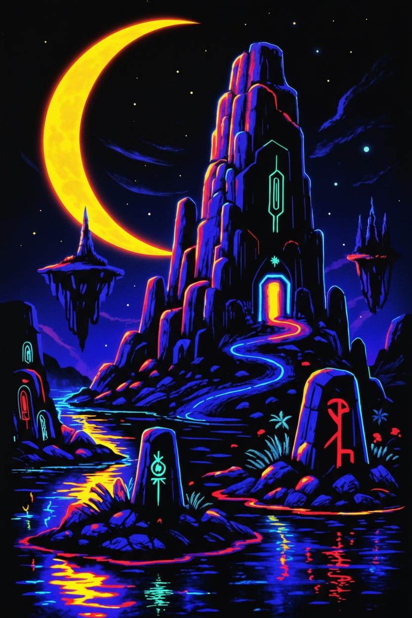 Glowing Megaliths Under Crescent Moon Blacklight Poster