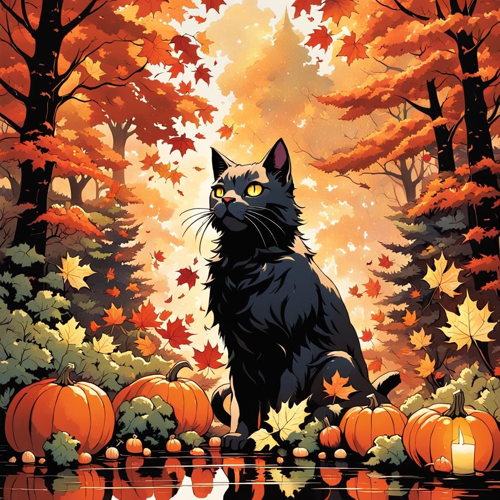 Maple Leaf Cat in Autumn Forest, Comic Art