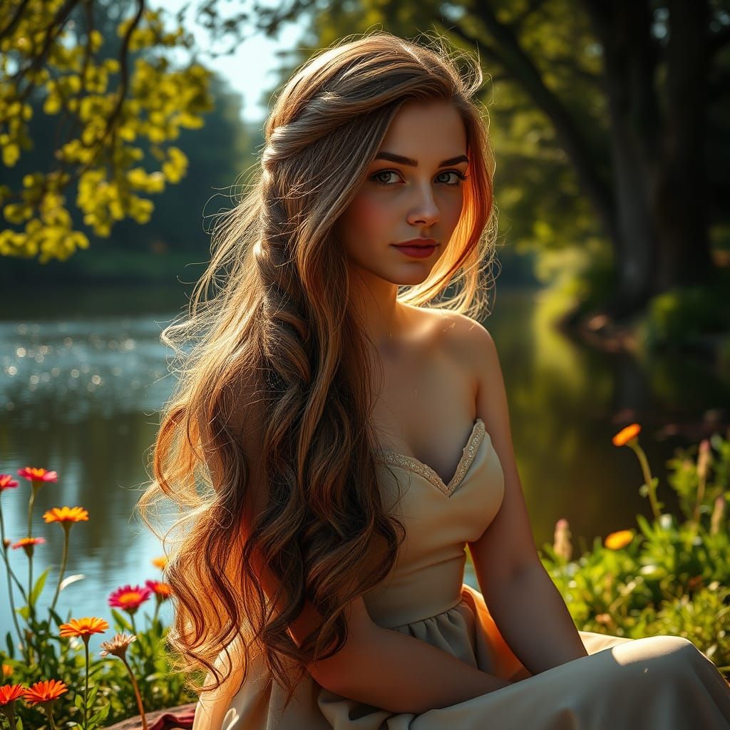 Serene Young Woman Amidst Lush Greenery and Wildflowers