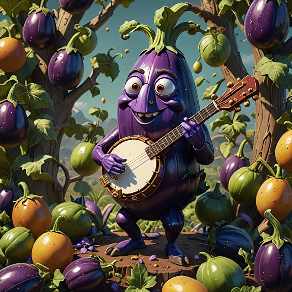 Anthropomorphic Eggplant Concert in Fantasy Art Style