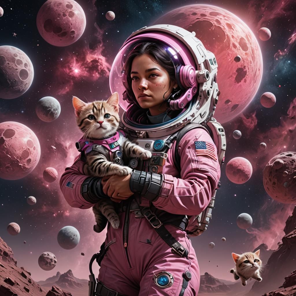 Woman, Baby, and Kittens in Pink Space