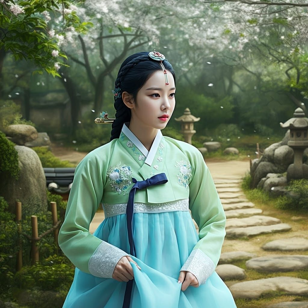 Korean Goddess Bagiwang Strolls Through Vibrant Garden in Tr...
