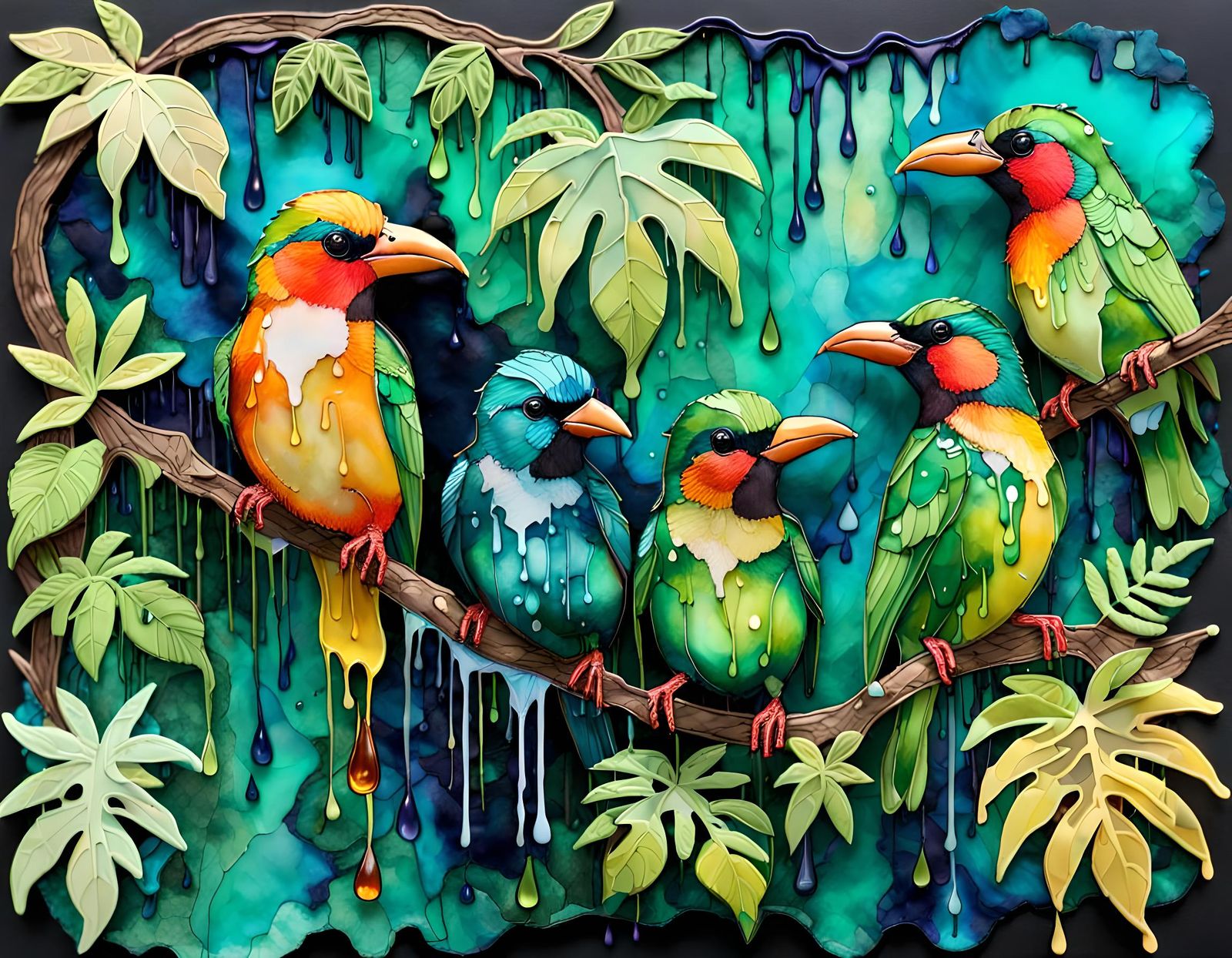 Lush Rainforest Scene in Alcohol Ink Style