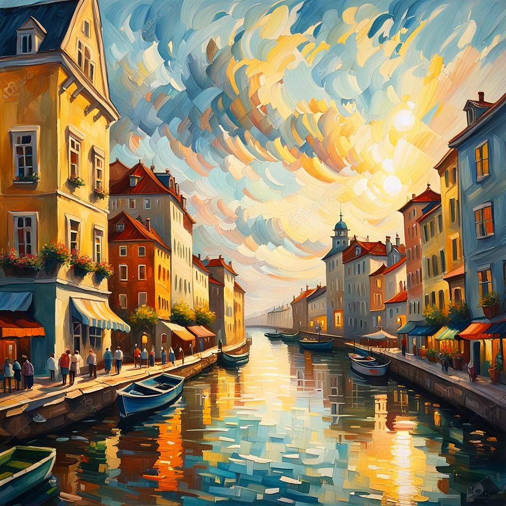 Impressionist River City Gouache Painting with Golden Glow