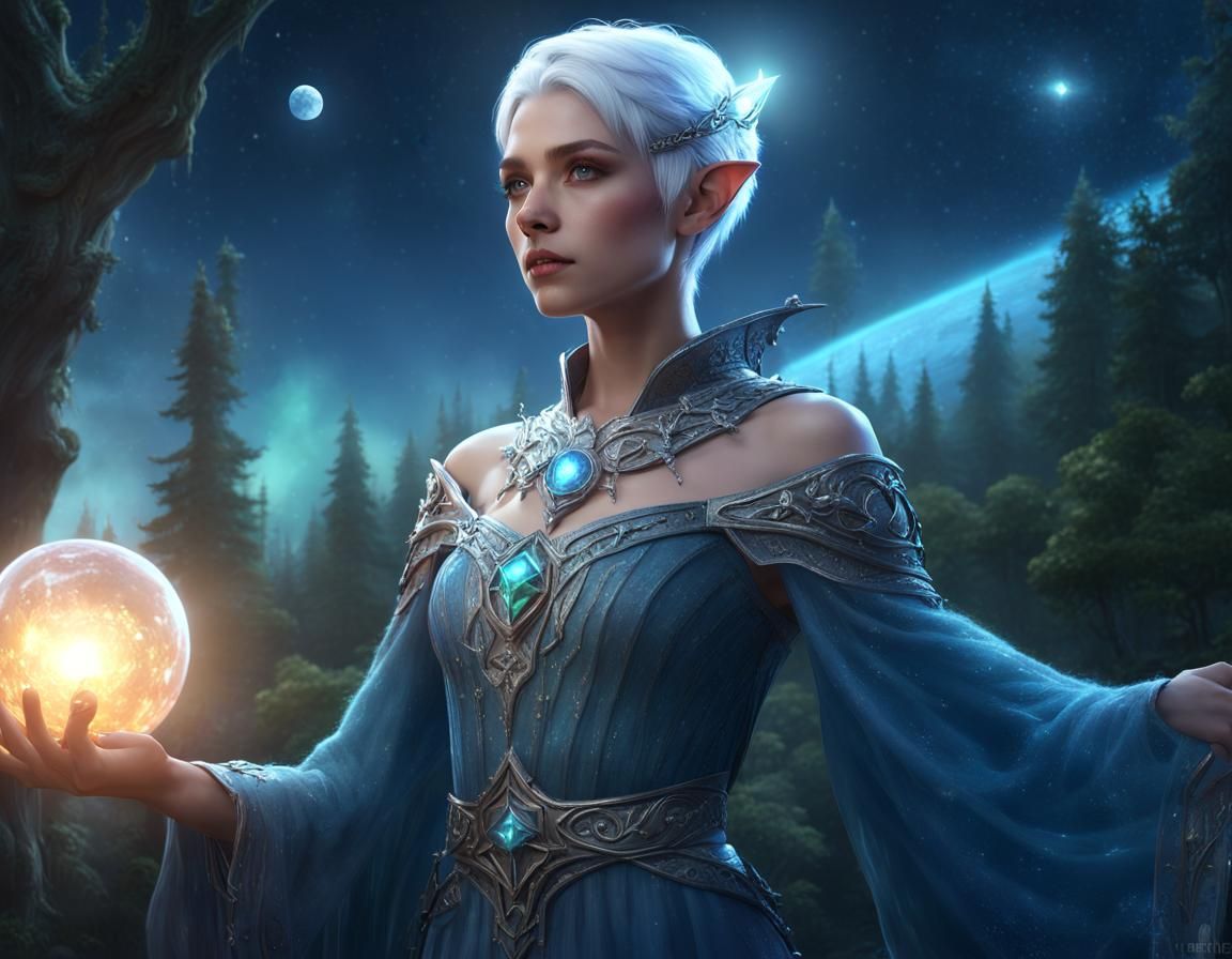 Moon Elf Sorceress with Ice Magic in Fantasy Forest