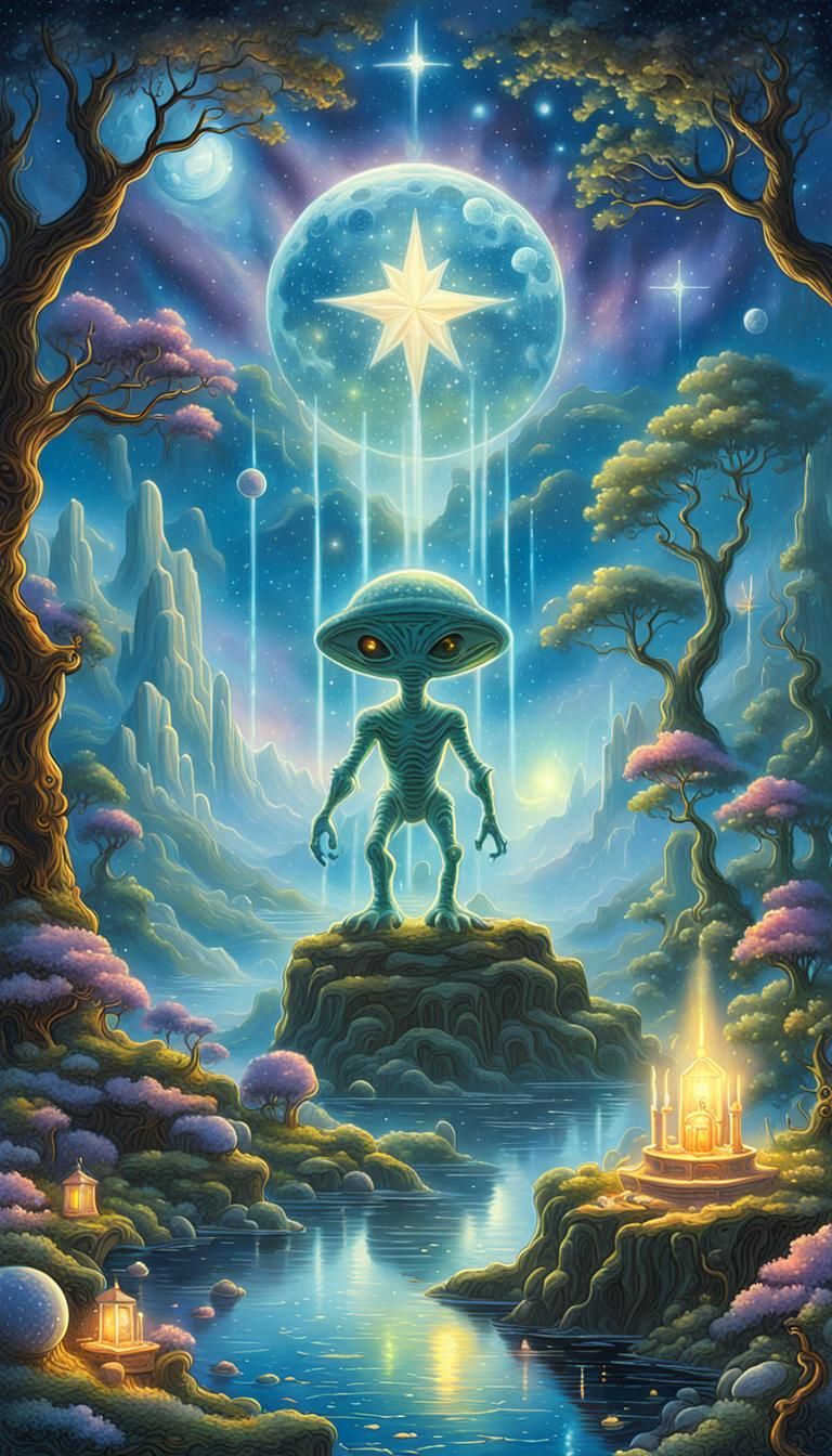 Alien-Themed Star Tarot Card in Cartoon Style