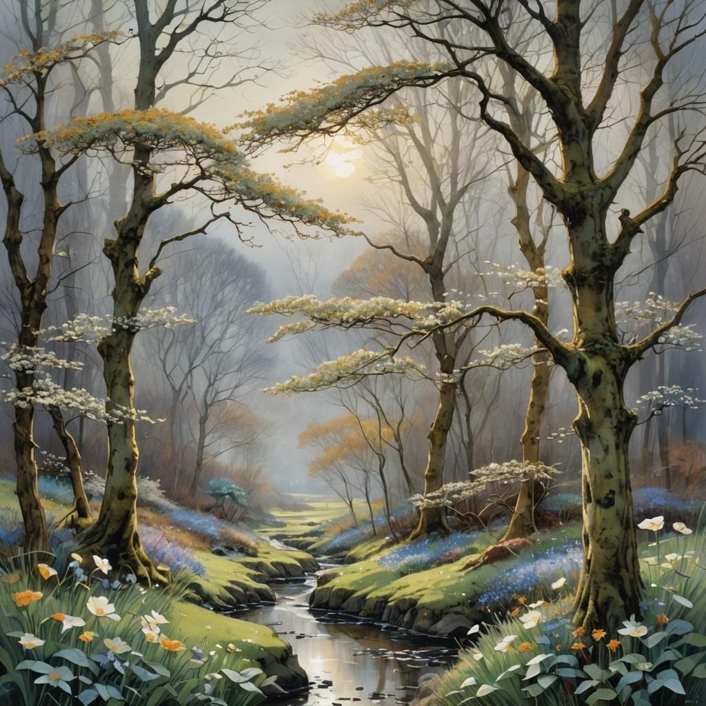 Intricate Spring Scene in Stained Glass Style