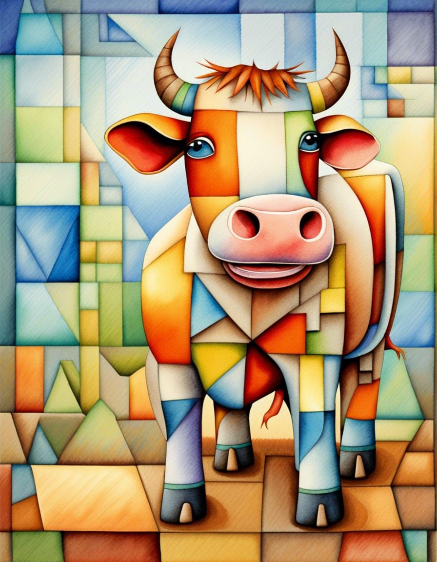 Vibrant Cubist Patchwork of a Happy Cow