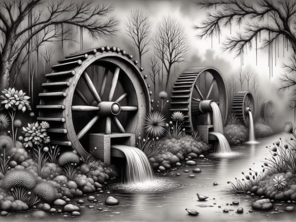 Intricate Charcoal Waterwheels in Whimsical Landscape
