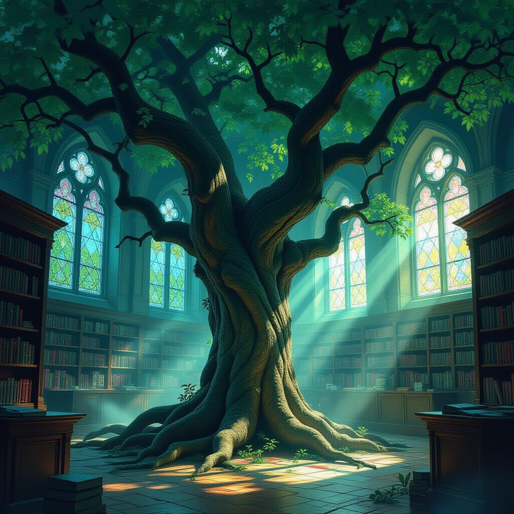 Ancient Ink Tree in Misty Library