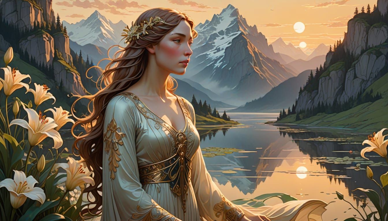 Art Nouveau Serene Woman with Lilies Gazing at Mountains