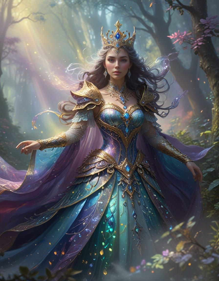 Fantasy Queen in Armor Dress, Ethereal Mist Oil Painting