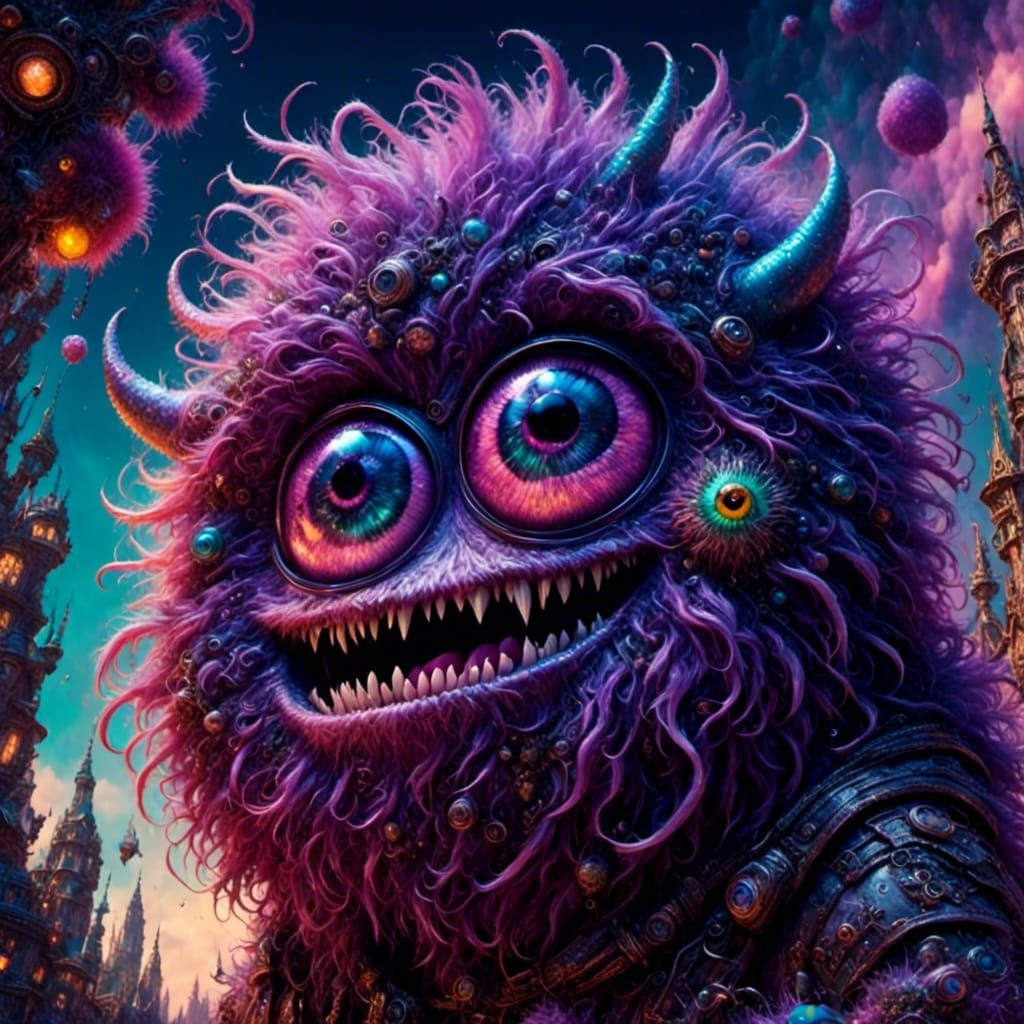 Single-Eyed Purple Creature in Synthwave 2099 Style