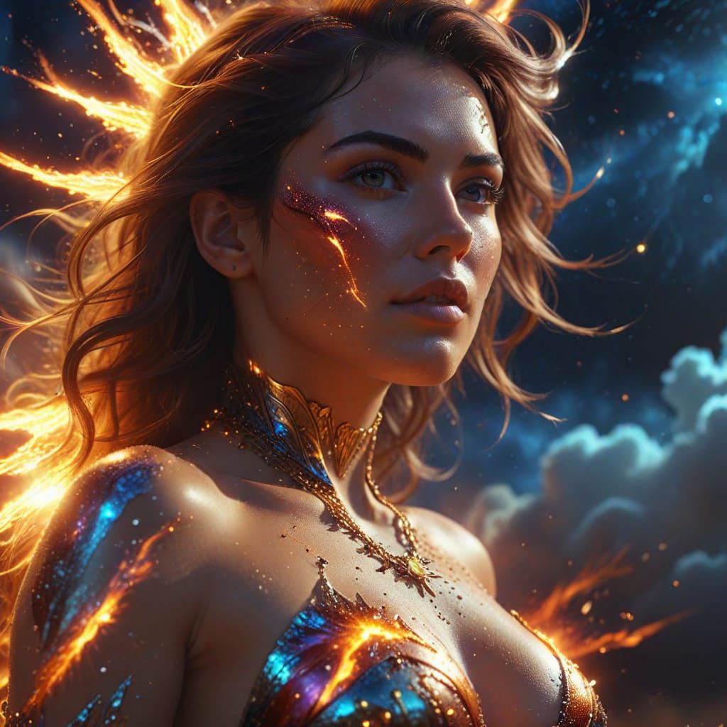 Provocative Woman with Plasma Burst in Digital Painting