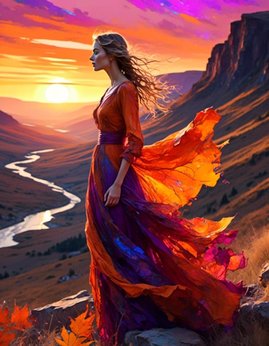 Woman on Windy Cliff at Sunset