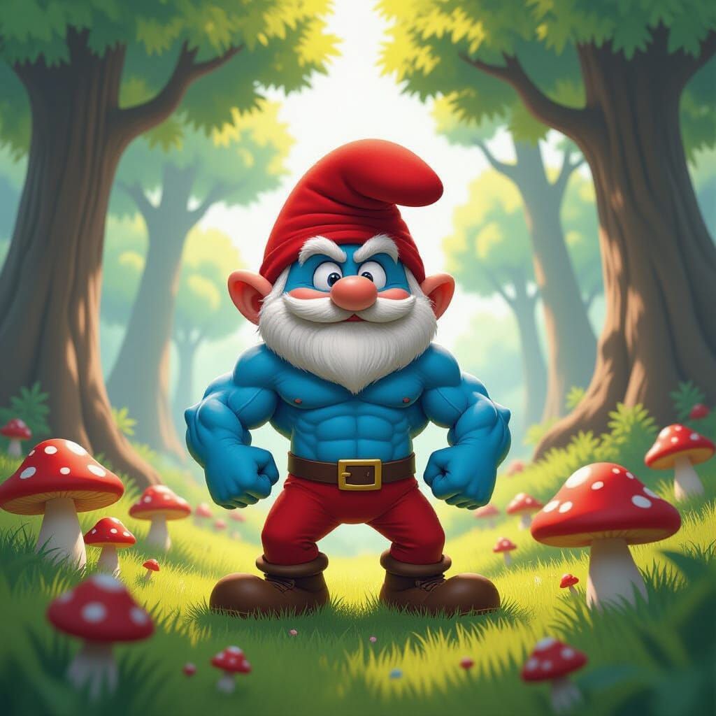 Muscular Papa Smurf in Hyperrealistic Mushroom Field
