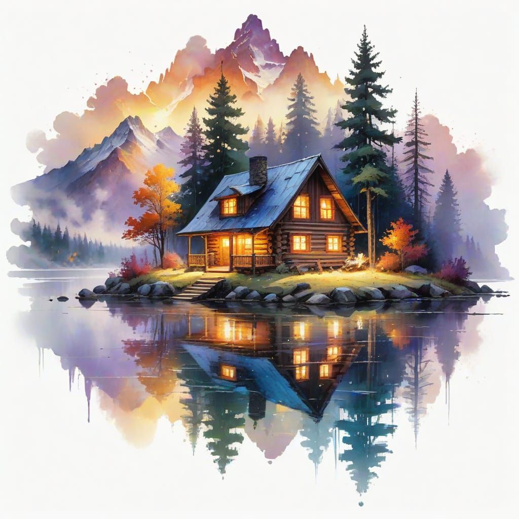 Log Cabin by Mountain Lake in Twilight