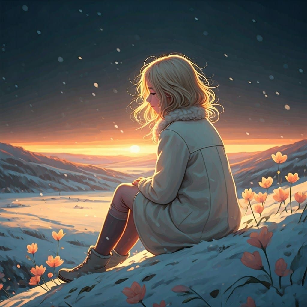 Whimsical Winter Goddess Amidst Sunset Snowfall