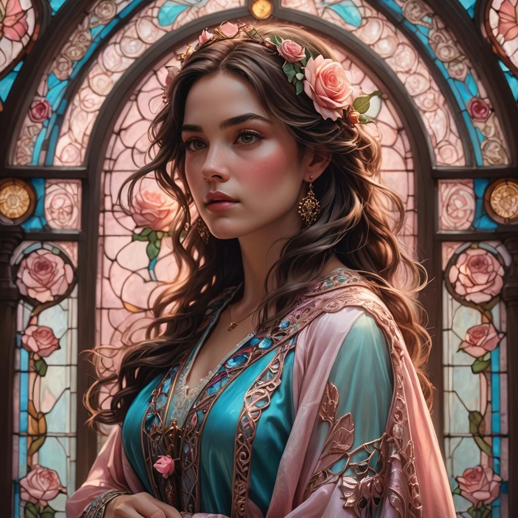 Dreamlike Portrait of Woman with Roses in Hair